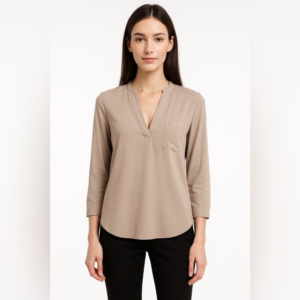 LUSH Taupe Deep V-Neck Long Sleeve Blouse Size xs Soft Flowy Pocket Top